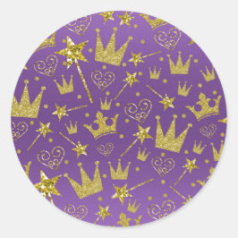 Lila & Guld Glitter Tjejer Prinsessa Kalas Runt Klistermärke