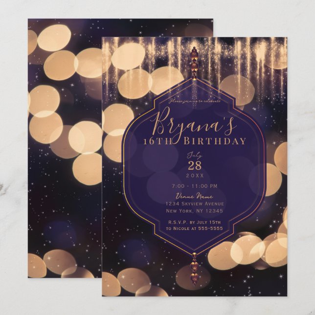 Lila Guld Glittrande Ljusslingor Mystisk Natt Swee Inbjudningar (Fram/baksida)
