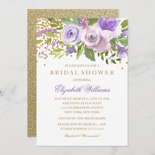 Lila Guld Gnistra Blommigt Möhippa Inbjudan (Fram/baksida)