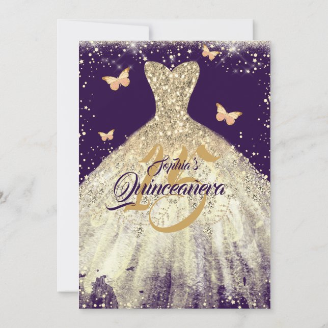 Lila Guld Gnistra Butterfly Dress Quinceanera Inbjudningar (Baksida)
