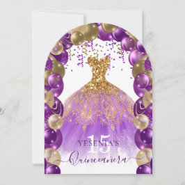Lila Guld Gnistra Dress Quinceañera Balloon Arch Inbjudningar
