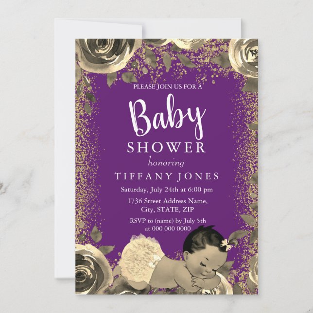 Lila & Guld Gnistra Glitter Baby Shower Inbjudan (Framsida)