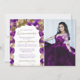 Lila Guld Gnistra Photo Quinceañera Balloon Inbjudningar