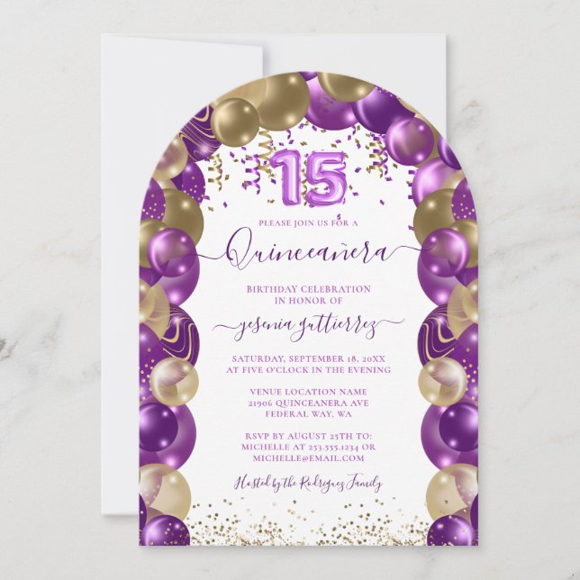 Lila Guld Gnistra Photo Quinceañera Balloon Inbjudningar (Framsida)