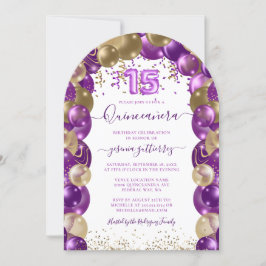 Lila Guld Gnistra Quinceañera Balloon Inbjudningar