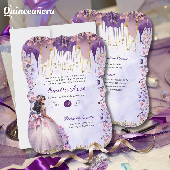 Lila Guld Gnistra Quinceanera Dress Blommigt Ro Inbjudningar (Skapare uppladdad)