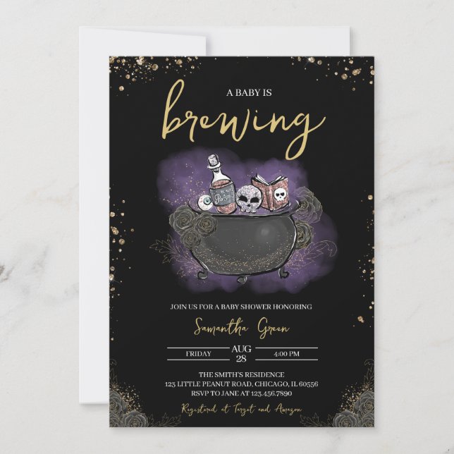 Lila Guld Gothic Halloween Baby Shower Inbjudningar (Framsida)