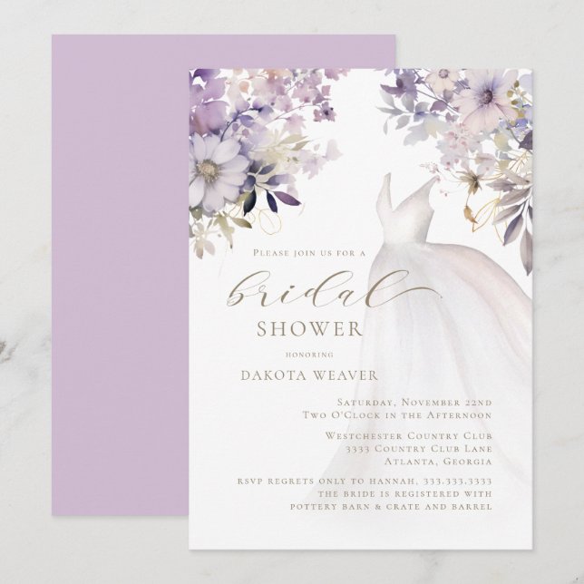 Lila Guld Greenery Bröllop Dress Möhippa Inbjudningar (Fram/baksida)