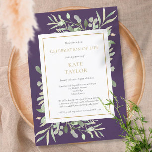 Lila Guld Greenery Funeral Firande of Life Inbjudningar