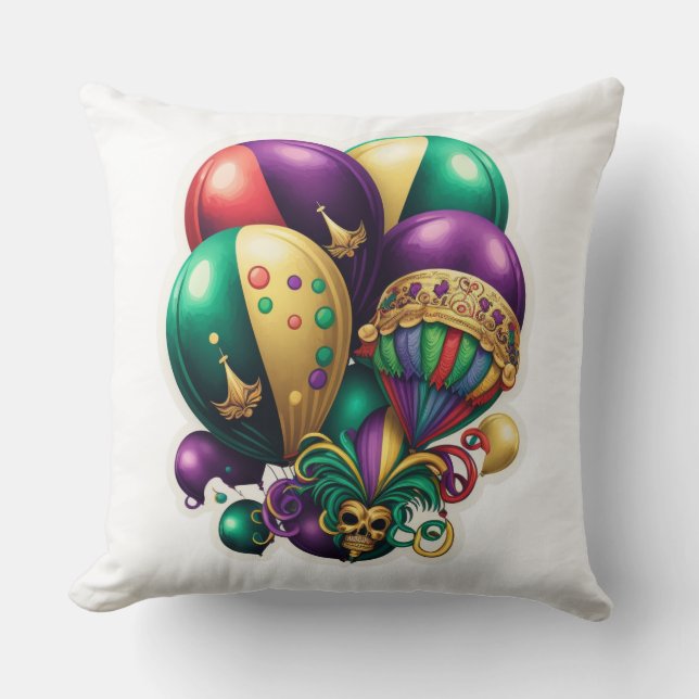 LILA GULD GRÖNT MARDI GRAS HAT BALLOONS KUDDE (Framsida)