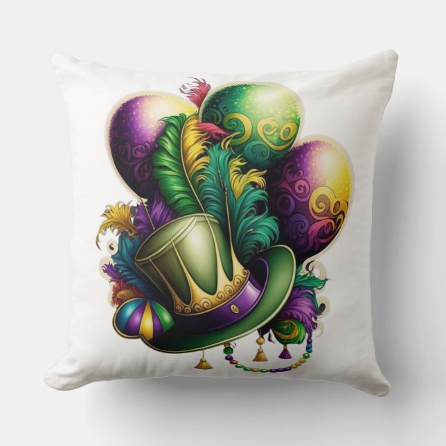 LILA GULD GRÖNT MARDI GRAS HAT BALLOONS KUDDE (Framsida)