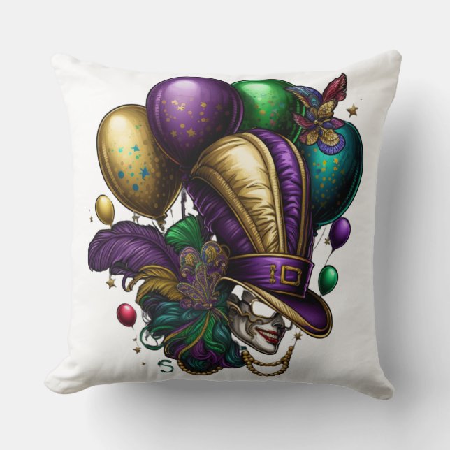 LILA GULD GRÖNT MARDI GRAS HAT MASK BALLOONS KUDDE (Framsida)