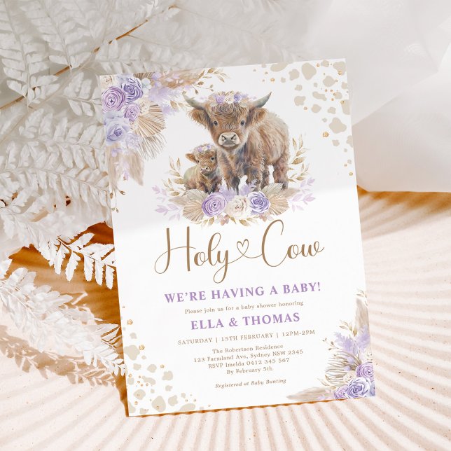 Lila Guld Heliga Cow Boho Pampas Girl Baby Shower Inbjudningar (Skapare uppladdad)