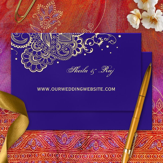 Lila Guld Henna Bröllop Webbplats Affärskort Tilläggskort (Wedding website card with a gold printed henna or lace design inspired by Moroccan and Indian art)