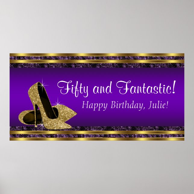 Lila guld högklackad födelsedagsfest banner poster (Framsidan)