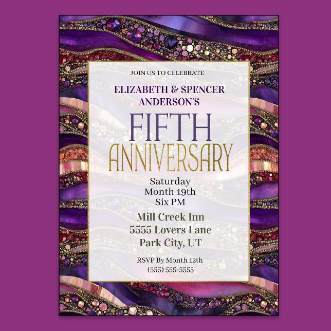 Lila Guld Juvelbesatt 5-års Bröllopsdag Inbjudningar (Purple and Gold Jeweled Strata 5th Wedding Anniversary Invitation)