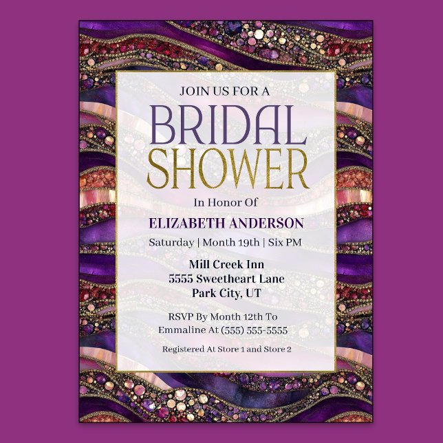 Lila Guld Juvelskiktad Bröllopsfest Inbjudningar (Purple and Gold Jeweled Strata Bridal Shower Invitation)