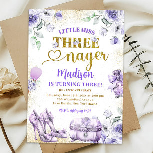 Lila Guld Little Miss Threenager Tredje födelsedag Inbjudningar