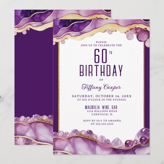 Lila Guld Marble 60:e födelsedagsinbjudan Inbjudningar (Fram/baksida)
