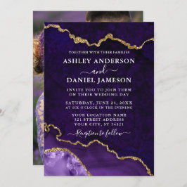 Lila Guld Marble Agate Geode Photo Bröllop Inbjudningar