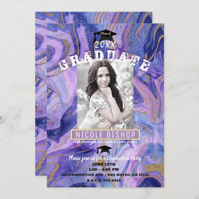 Lila Guld Marble Glam Photo Studentfest Inbjudningar (Fram/baksida)