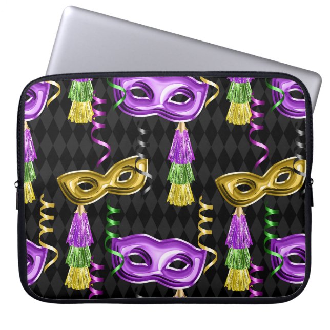 LILA & GULD MARDI GRAS MASKS & TASSELS LAPTOP FODRAL (Framsidan)