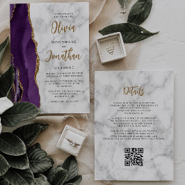 Lila Guld Marmor Agat Script QR-kod Bröllop Inbjudningar