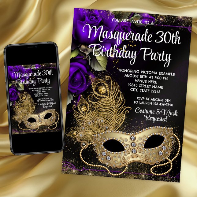 Lila Guld MasqueraParty Inbjudningar (Purple and gold masquerade party and event invitation. Any number birthday. Download and printed.)