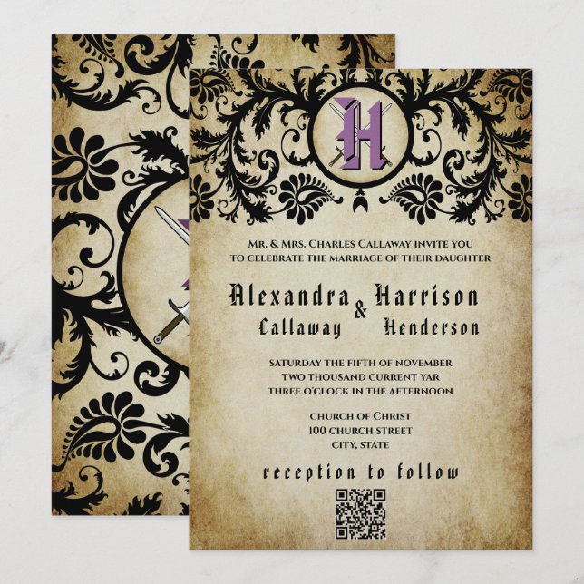 Lila & Guld Medeltida Medeltiden Damask Bröllop  Inbjudningar (Fram/baksida)