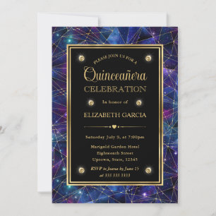 Lila & Guld Midnatt Kristall Galax Quinceanera Inbjudningar