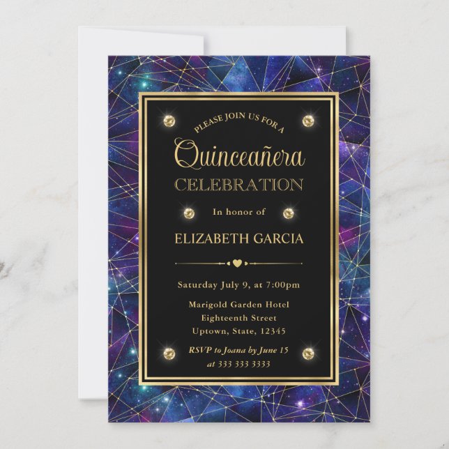 Lila & Guld Midnight Crystal Galaxy Quinceanera Inbjudningar (Framsida)