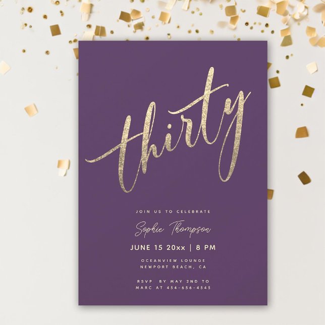 Lila Guld minimalistisk Glam Elegant 30års födelse Inbjudningar (purple gold calligraphy 30th birthday invitation for women elegant minimalist classy simple modern)