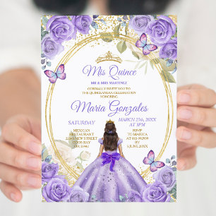 Lila & Guld Mis Quince 15 Anos Butterfly Krona Inbjudningar