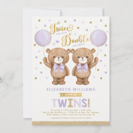 Lila Guld Nalle Blegon Twin Baby Shower Inbjudningar