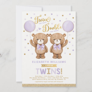 Lila Guld Nalle Blegon Twin Baby Shower Inbjudningar