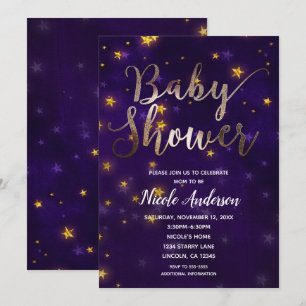 Lila & Guld Natt Under Stjärnorna Baby Shower Inbjudningar