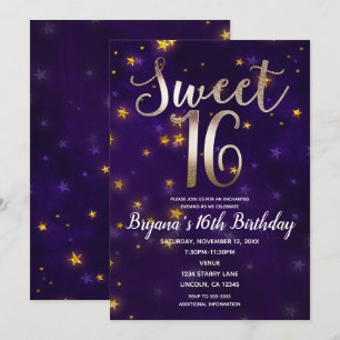 Lila & Guld Natt Under Stjärnorna Sweet 16 Fest Inbjudningar