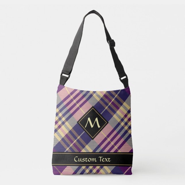 Lila, guld och blå tartan axelväska (Framsida)