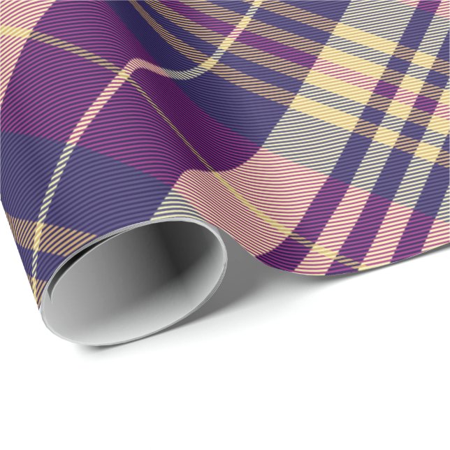 Lila, Guld och Blue Tartan (roterat) Presentpapper (Rullad Hörn)