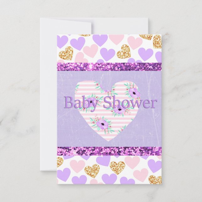 Lila, Guld och Rosa Baby Shower Inbjudningar (Framsida)