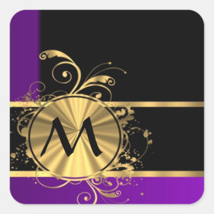 Lila guld och svart monogram fyrkantigt klistermärke