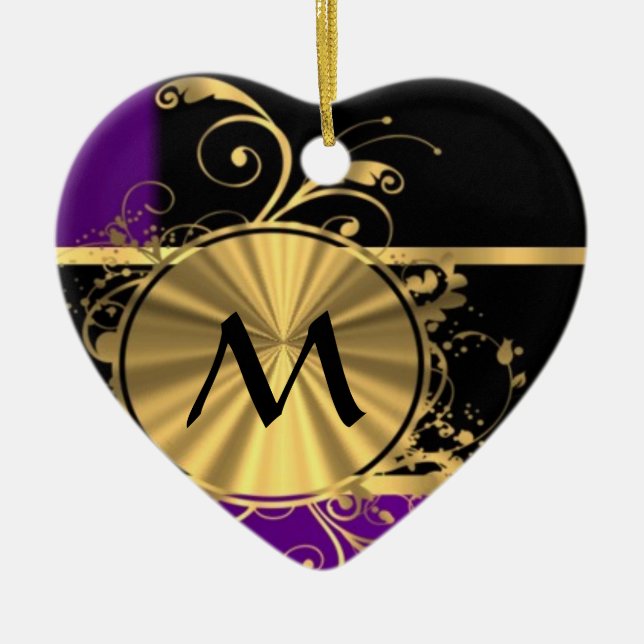 Lila guld och svart monogram julgransprydnad keramik (Framsidan)