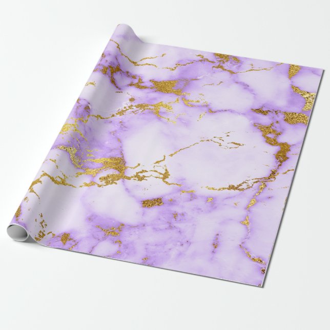 Lila Guld Pastel White Marble Shiny Glam Presentpapper (Utrullad)