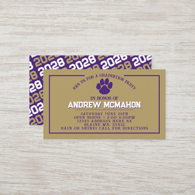 Lila & Guld Pawprint Mini Studenten Inbjudan (Purple, White & Bronze Gold Pawprint Mini Graduation Invites for Friends, Team Mates or as Inserts!)