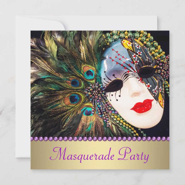 Lila Guld Peacock Feather Mask MasqueraParty Inbjudningar (Framsida)