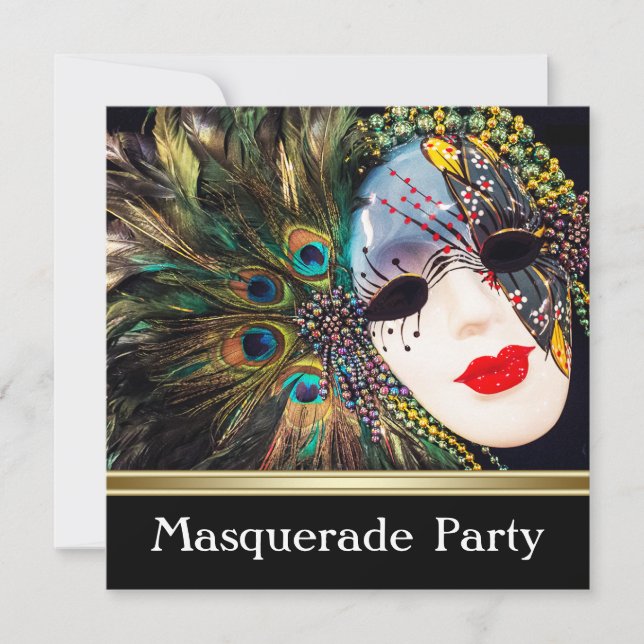 Lila Guld Peacock Feather Mask MasqueraParty Inbjudningar (Framsida)
