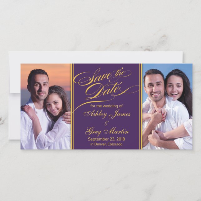 Lila Guld Photo Collage Bröllop spara datum Datumet (Framsida)