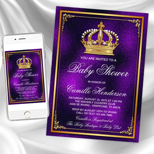 Lila Guld Prince Baby Shower Inbjudningar (Purple gold princess baby shower invitations. Instant download and printed invitations available.)