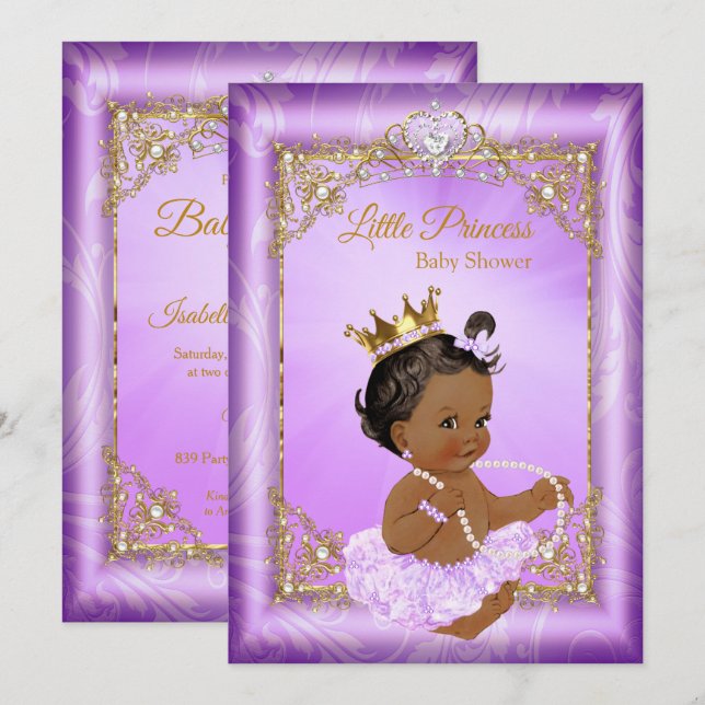 Lila Guld Princess Baby Shower Ethnic Girl Inbjudningar (Fram/baksida)