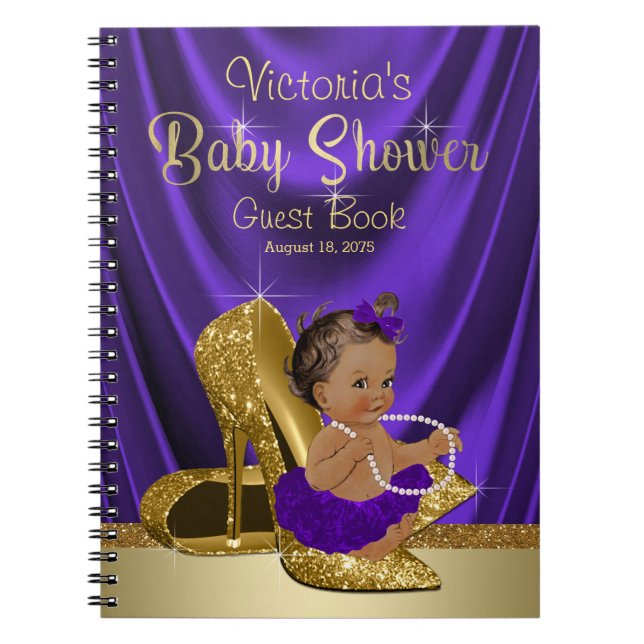 Lila Guld Princess Baby Shower Guest Bok Anteckningsbok Med Spiral (Framsidan)